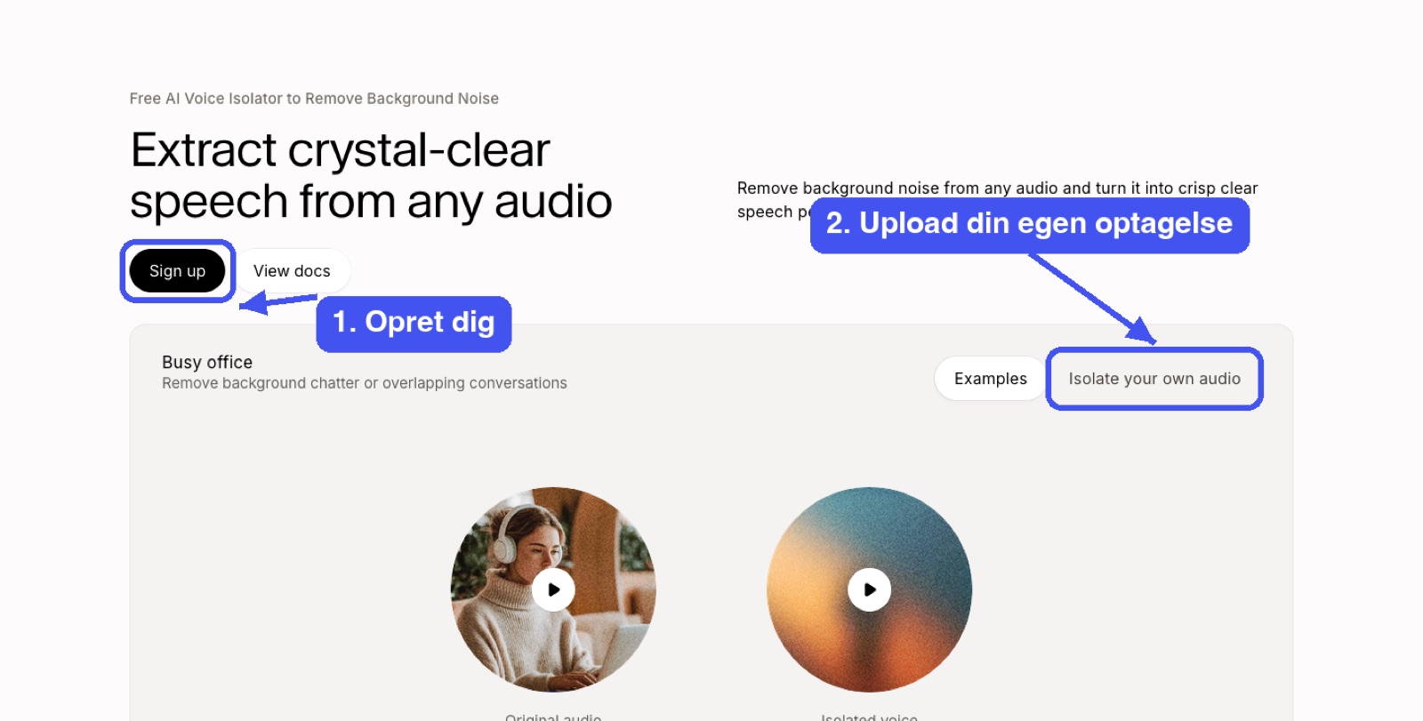 ElevenLabs Voice Isolator med pile til Sign up og upload