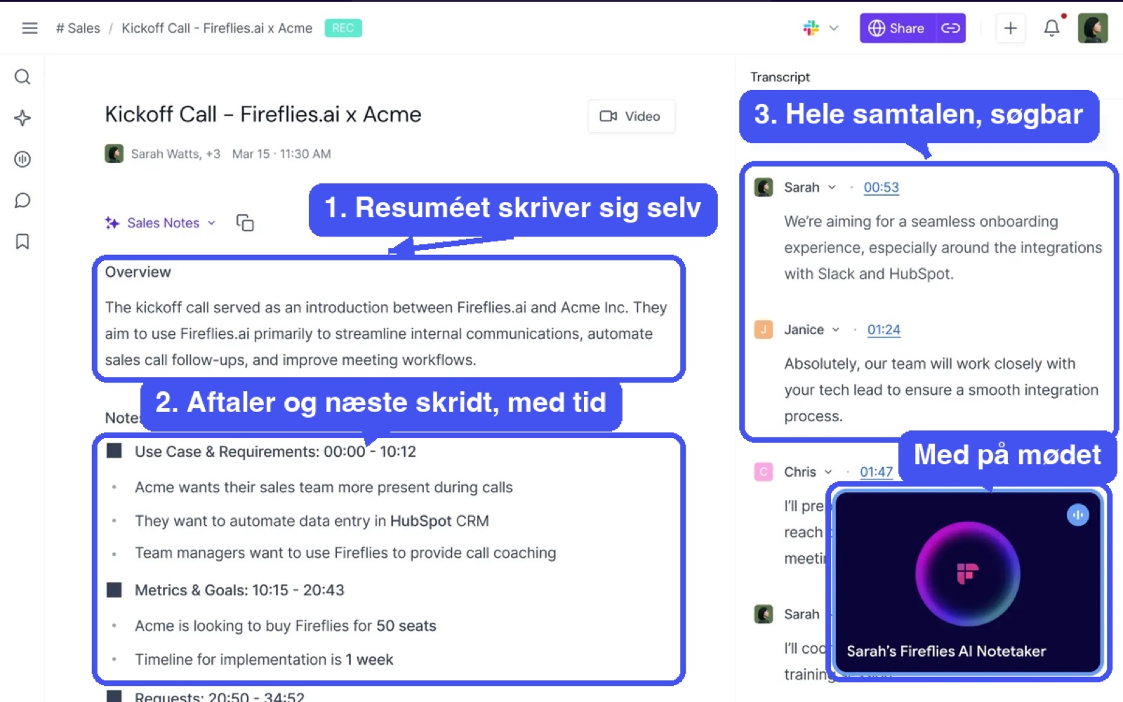 Et møde i Fireflies med resumé, aftaler, samtalen og notetakeren