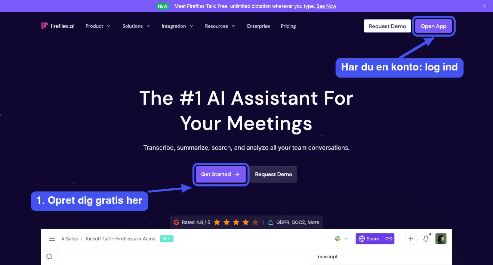 Fireflies' forside med pil til Get Started